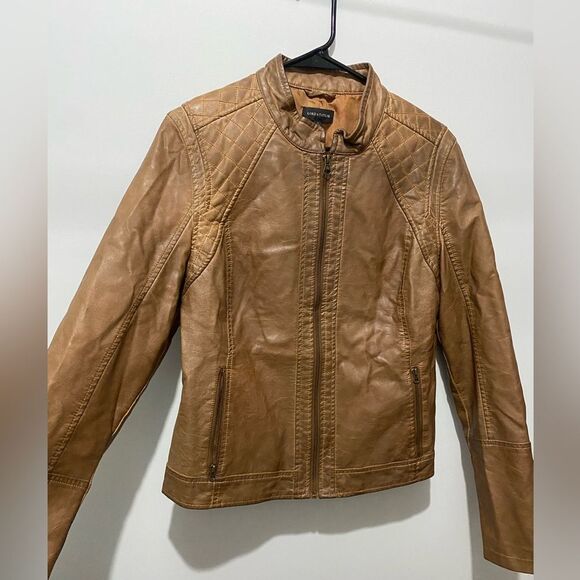 Lord & Taylor Brown Faux Leather Moto Bomber Jacket with Quilted Shoulders - Picture 1 of 6